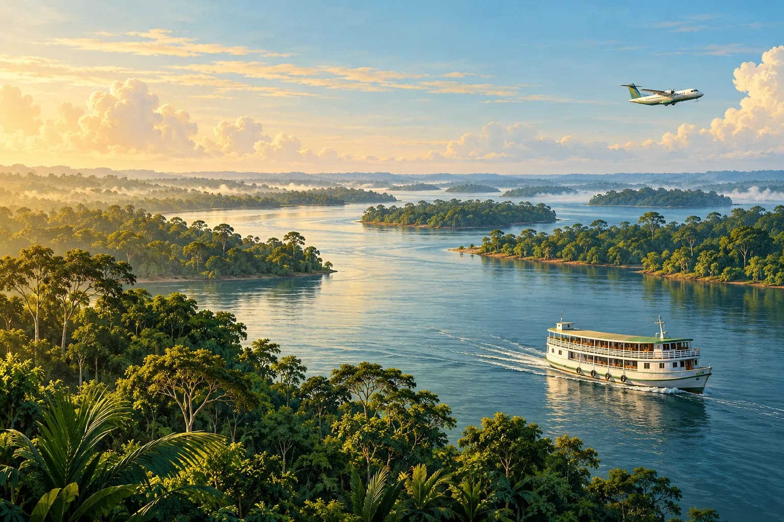 Ilustração de barco regional e avião entre rios e florestas da Amazônia